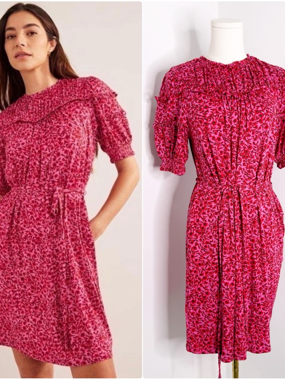 Boden Pink Floral Smocked Mini Dress US 6R UK 10R Viscose